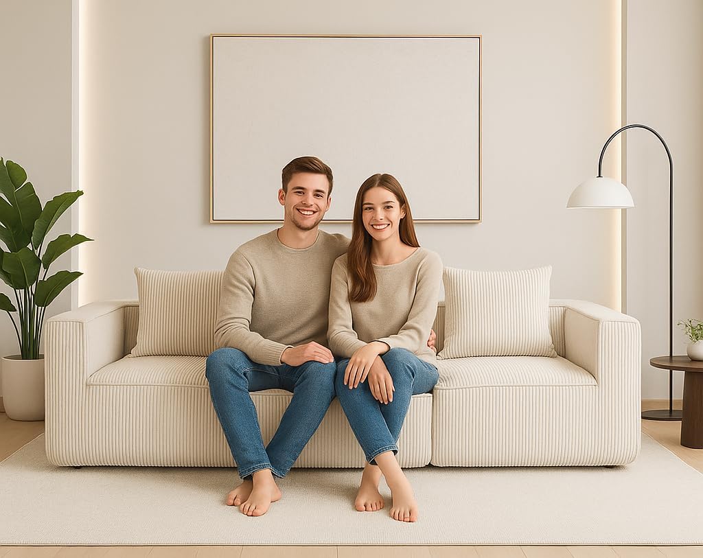 111" Multi-Person Compression Sofa, Freely Combinable Modular Couch, Corduroy Sofa with Armrest Design, No Assembly Required, Unique Texture, for Living Spaces, Home Offices, Beige