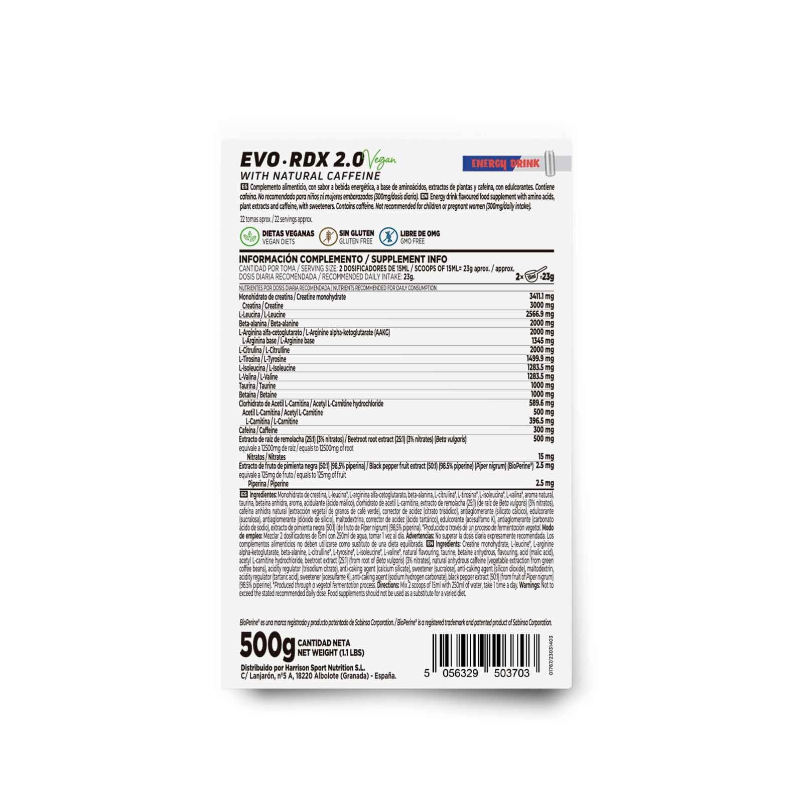 HSN Pre Entreno Evordx 2.0 (300mg de Cafeína) | Energy 500g | Pre Workout 100% Vegano Sin Carbohidratos Sin Gluten | BCAAs, Creatina, L-citrulina, Arginina AKG, Extracto de Remolacha — view 2