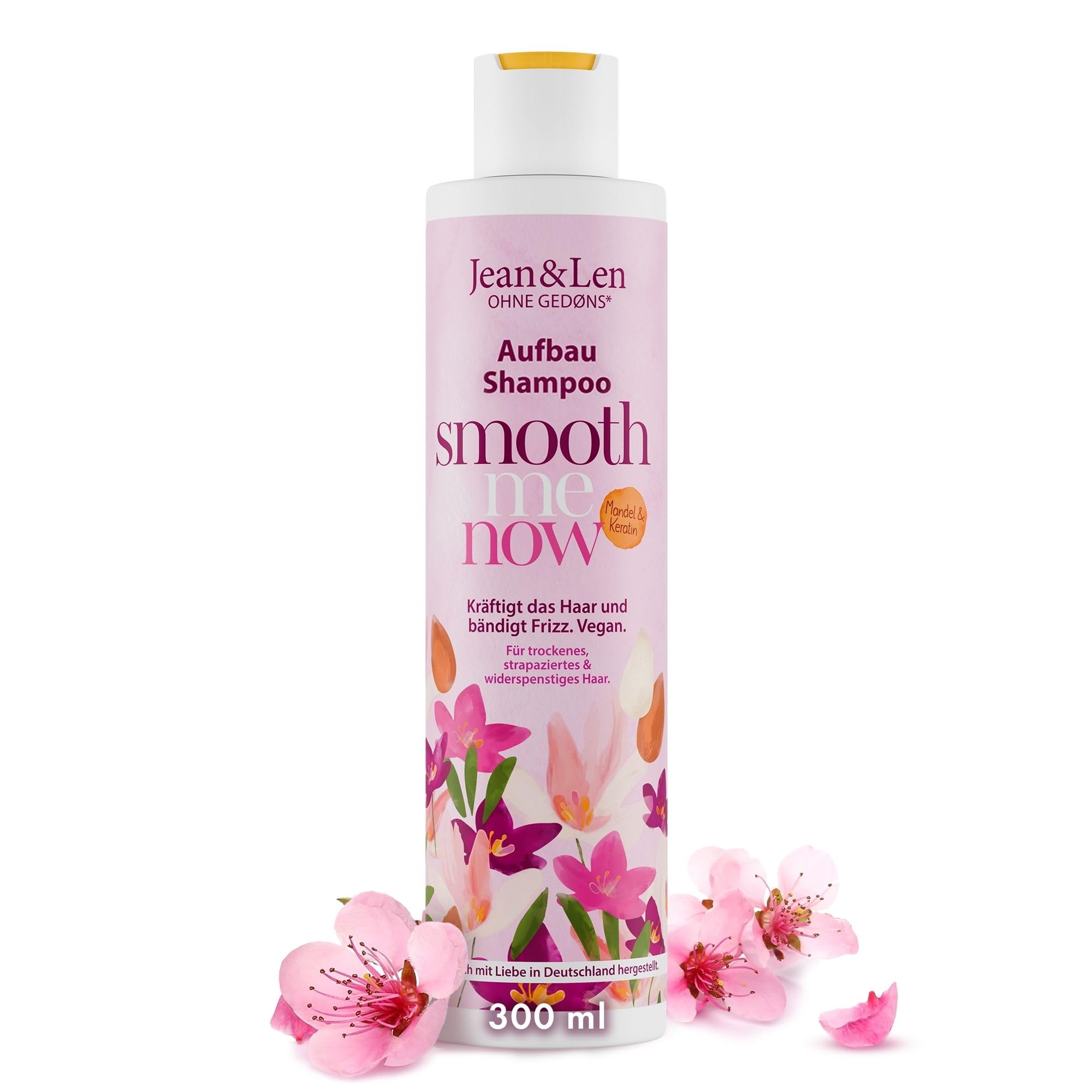 Jean & Len Rebuild Shampoo Almond & Keratin, for damaged hair, protects against breakage and split ends, tames frizz, free from silicones and parabens, vegan, 300 ml