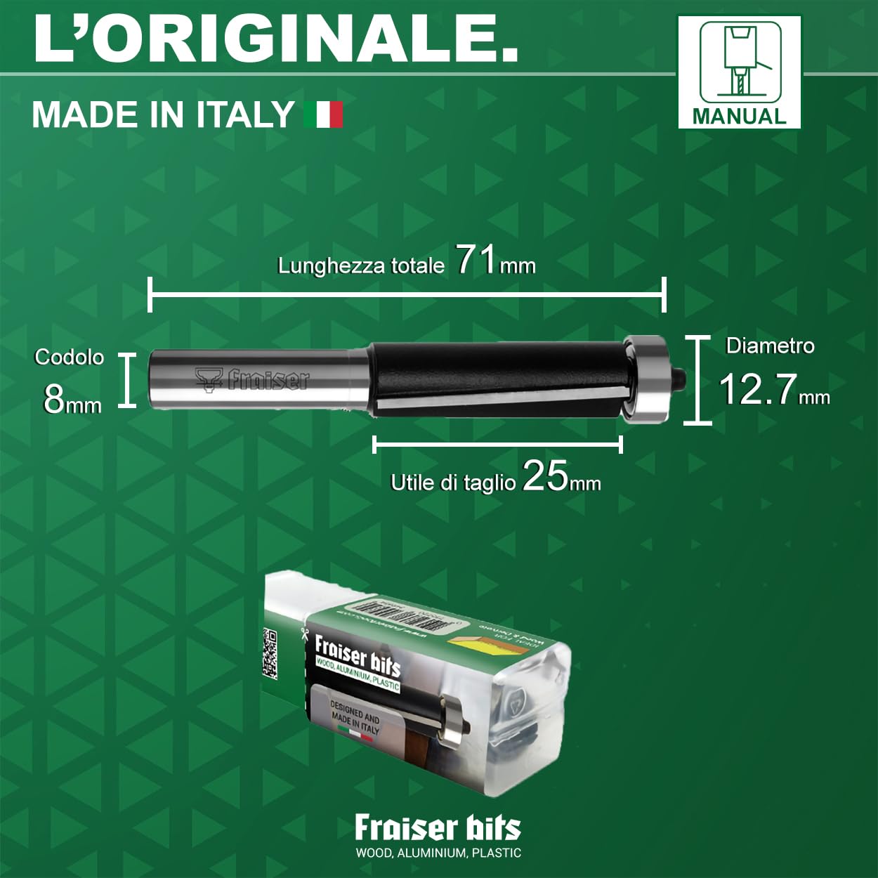 Fraiser Fresa per rifilare con cuscinetto inferiore, 2 taglienti in metallo duro, diametro 12,7 mm, altezza di taglio 25 mm, gambo 8 mm - per fresatrice verticale e rifilatore
