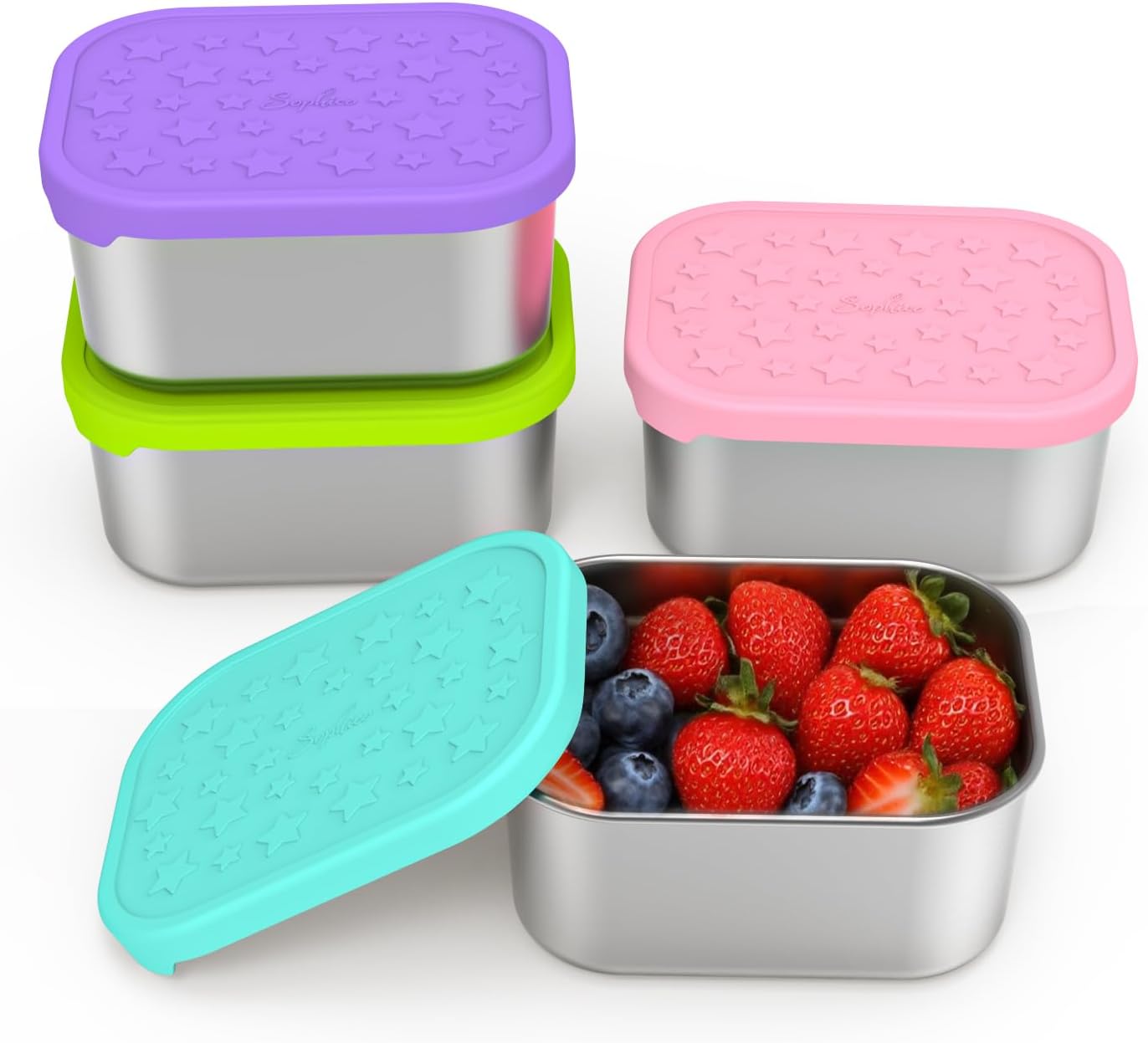 SOPHICO Stainless Steel 14 OZ Snack Containers for Kids?Food Storage Container with Silicone Lid - Perfect 304 Metal Toddler Lunch Box for Daycare and School, Leak Proof (MIX, 4 PACK) 14oz, 4 Pack