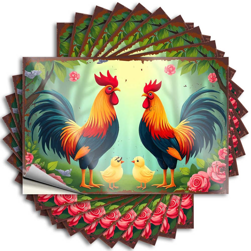 Fzfn Men's Colour Stickers Core, Halloween Cover Two Roosters With Two Chicks In A Garden | Bath Decor(6X9cm)