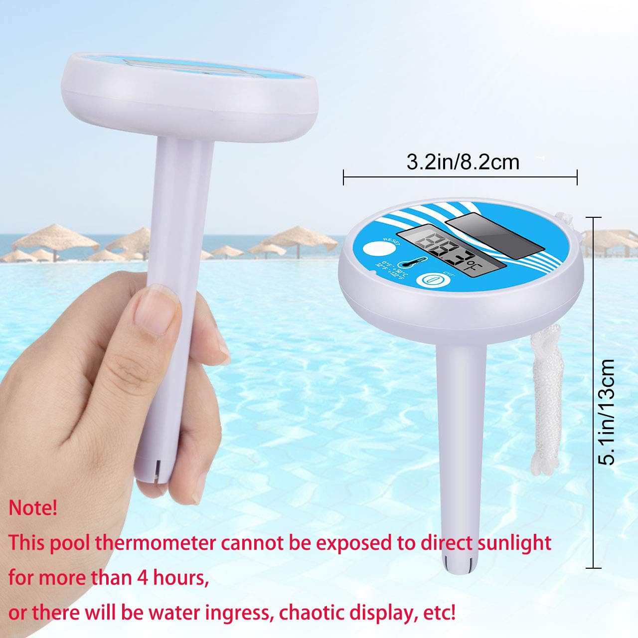 Solar Pool Thermometer, Solarbetriebenes Schwimmendes Wasserthermometer mit Großem LCD-Display, Gut Ablesbar, Wasserdicht für Schwimmbäder, Whirlpools, Spas und Eisbäder