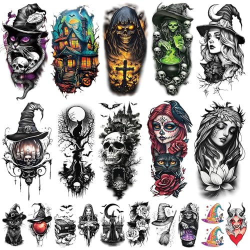 77 Sheets Witch Temporary Tattoos, Halloween Makeup Kit, Scary Half Arm Fake Tattoo Stickers for Adult Women Boy Girl
