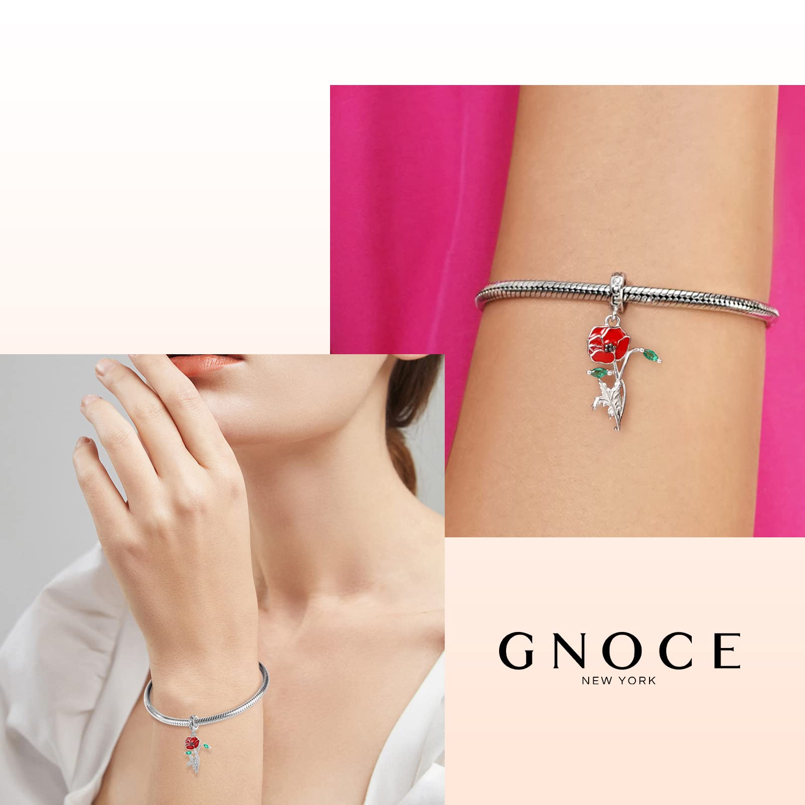 GNOCE Ciondolo Fiore in Argento Sterling 925 Braccialetti/Collane con Catena Serpente Papavero Gioielli Regalo per Donne Ragazze