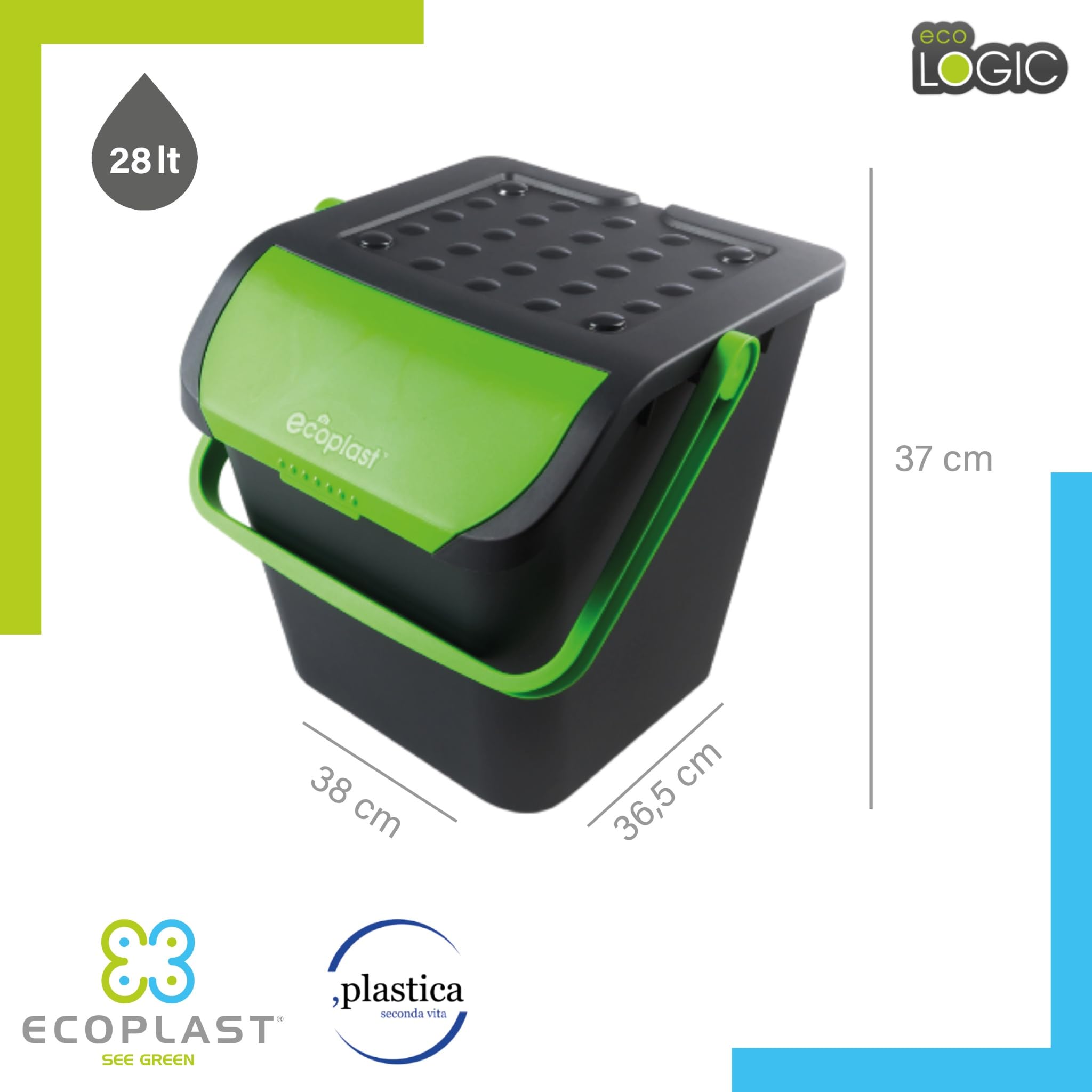 Ecoplast | Tris di Pattumiere per Raccolta Differenziata 28 Lt, Colori Assortiti Giallo/Verde/Blu, 38x36,5x37, Made in Italy