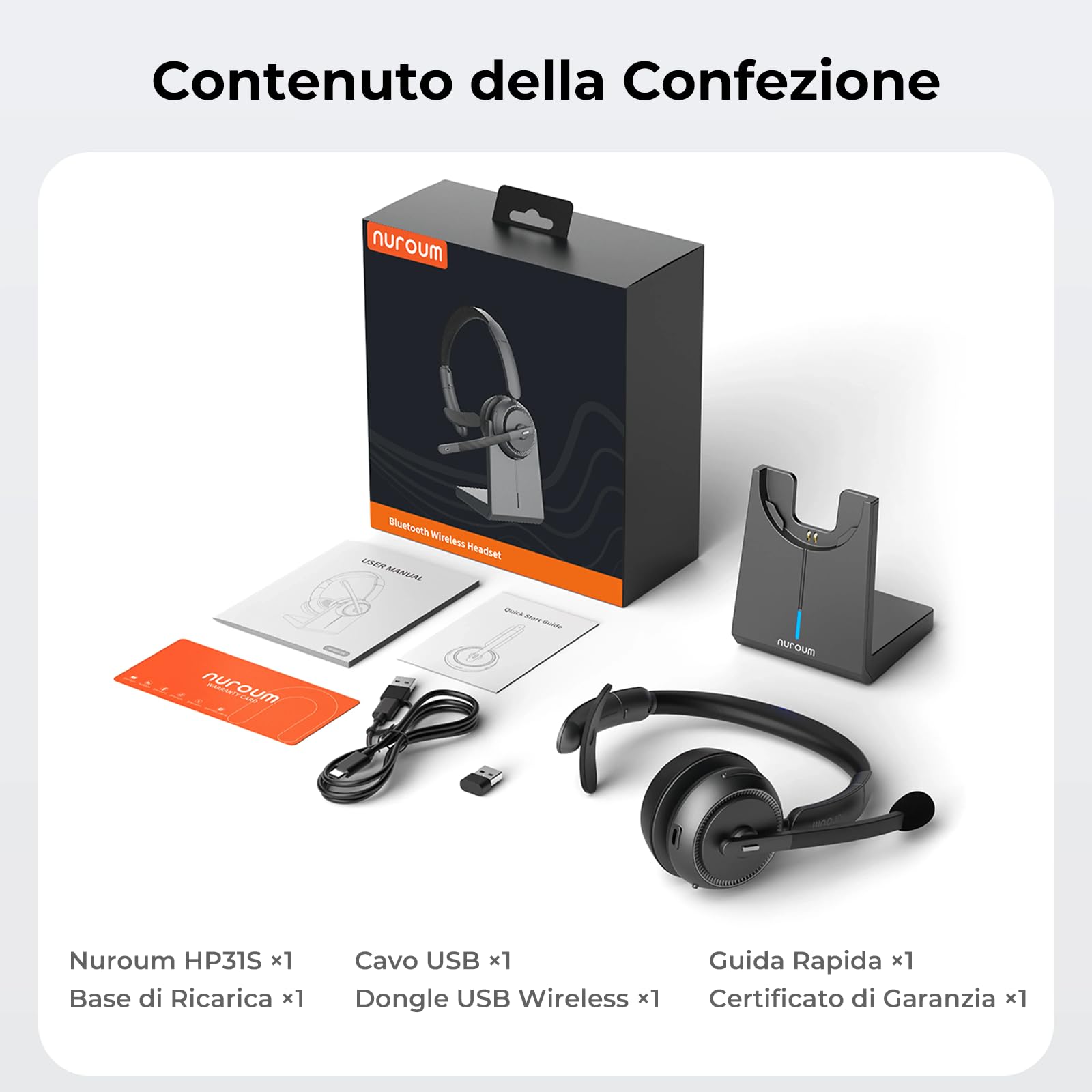 Nuroum HP31S 2026 Cuffie con Microfono Bluetooth,Cuffie Wireless ENC a Cancellazione di Rumore,Stazione di Ricarica, Dongle,USB-A&C,Bluetooth 5.4, 45H per Cuffie Call Center/Lavoro/Camion/Chiamate