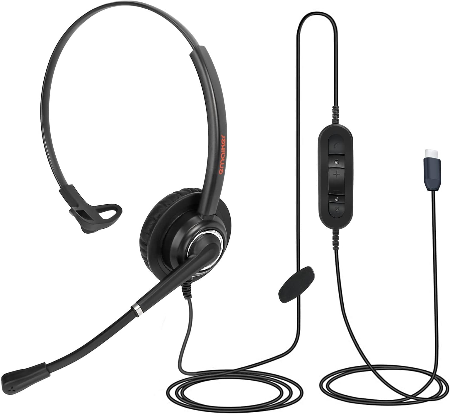 EMAIKER One Ear USB Type C Headset with Noise Cancelling Microphone for Office Work, PC,Laptop, Monaural USB-C Heaphone works for Skype,Teams, Zoom Conference Meeting & Dragon Dictation,Webinar