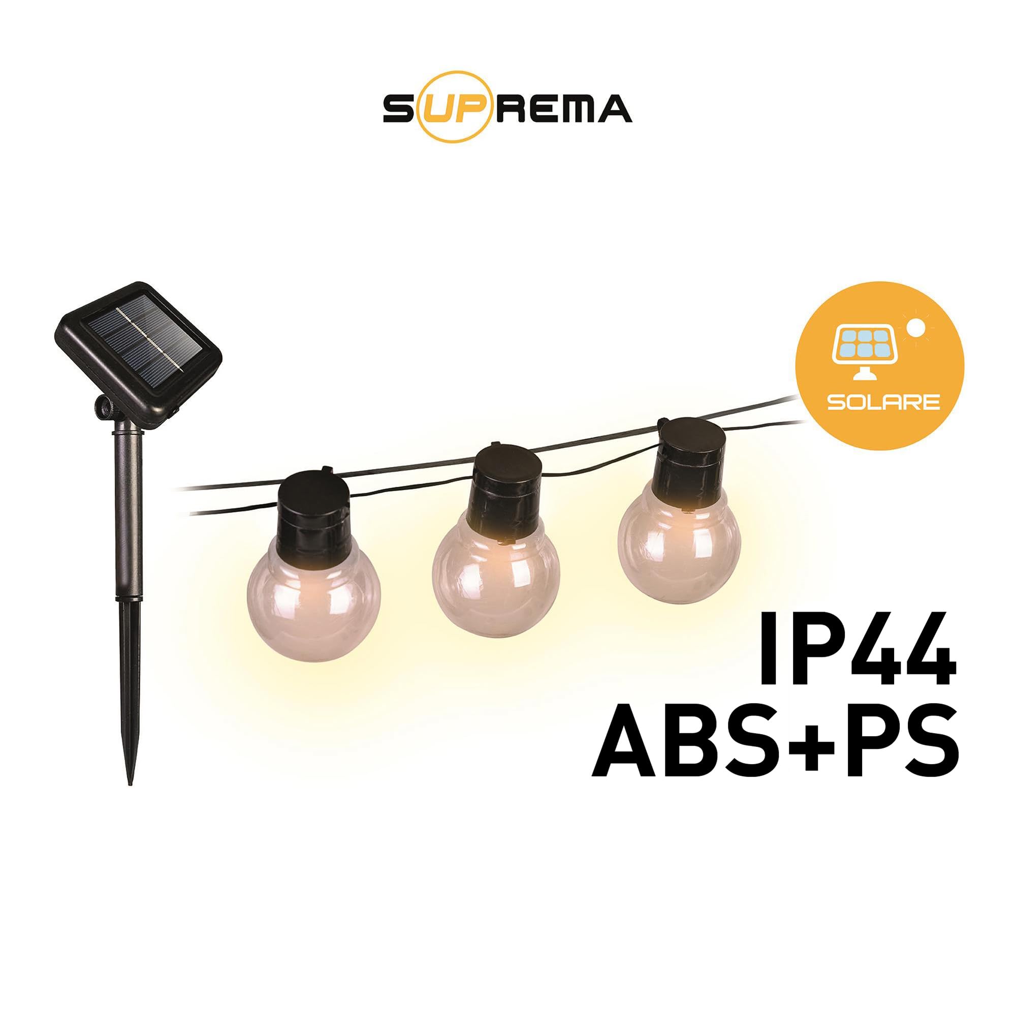 Suprema, Cadena luminosa exterior solar 10 m, 40 luces LED, sensor crepuscular, juegos de luces, USB-C, IP45, mando a distancia y accesorios incluidos
