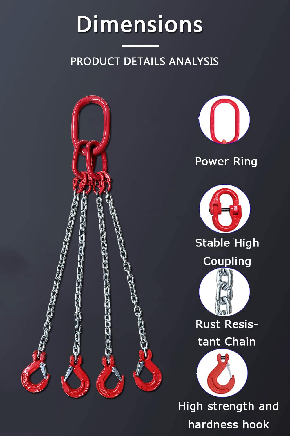Chain Sling 1/4Inch X 5 Ft 6620lb 4Leg with Sling Hooks and Adjusters Grade 80Alloy Steel Engine Chain Hoist Lifts【4Leg 3Ton】