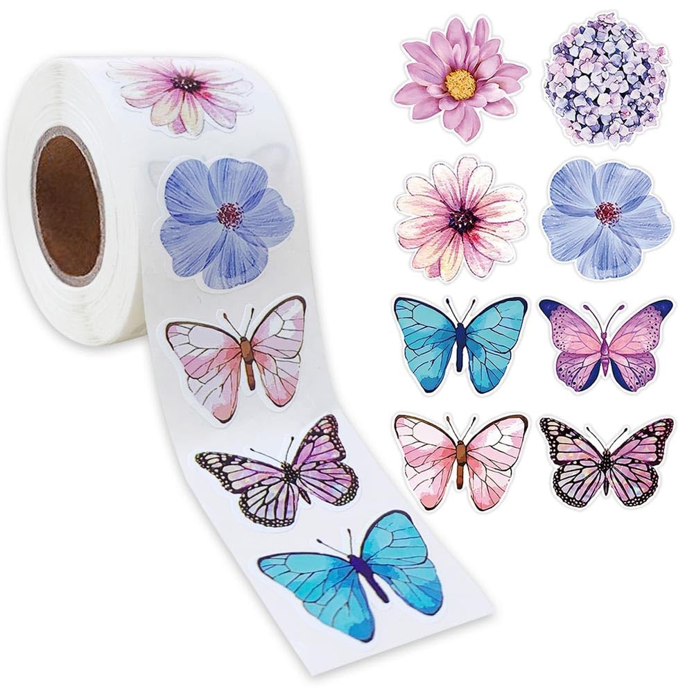 Butterfly Flower Sticker Rolls, 1 Inch 8 Design Colorful Butterfly Decals Decorative Flowers Cute Stickers for Parties, Walls, Scrapbooks, Envelopes, Birthday and Greeting Cards
