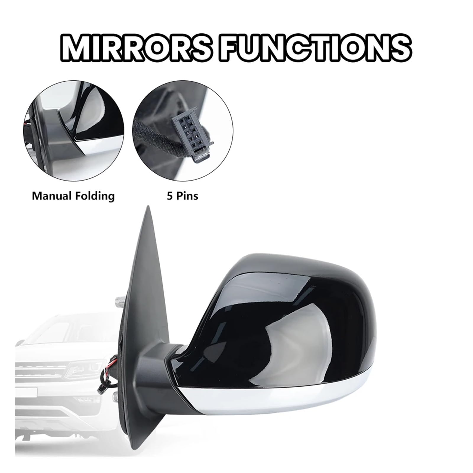 5 Pins Rearview Mirror Assembly Compatible With VW Amarok 2013-2023 Manual Folding 10 Holes Interface Side Mirror Car — view 3