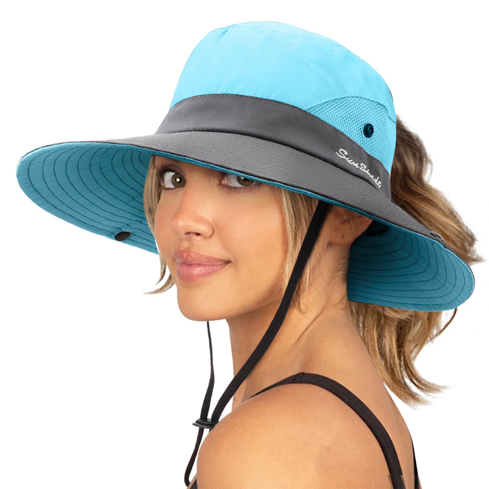 DRESHOW Damen Sonnenhut Outdoor UV-Schutz Hut faltbar Mesh breite Krempe Angeln Pferdeschwanz Strand Eimer Hüte