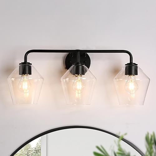 Miniatura 1 de Lámparas de baño, luces negras para tocador de baño, 3 luces, moderna lámpara de baño de granja, lámpara de pared negra con pantallas de vidrio