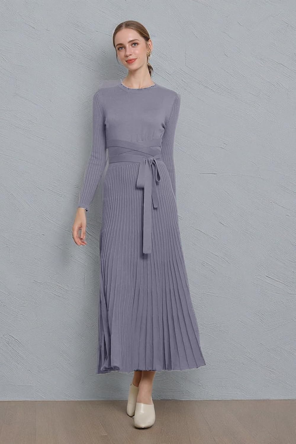 LOUSEA Women fit and Flare Sweater Dress tie Waist Pleated Dress Crewneck Knitted Dress - Image 4