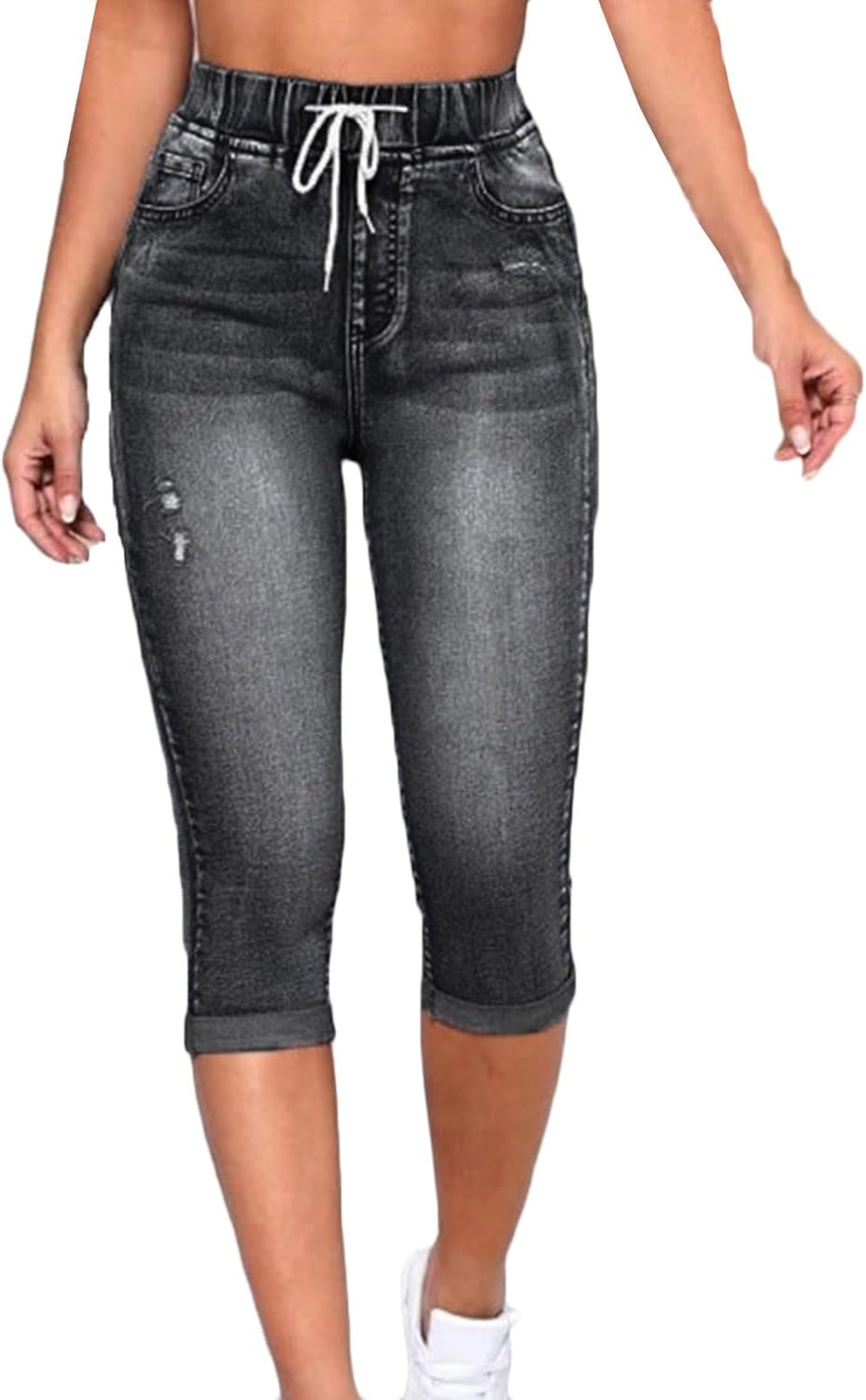 Jeggings for Women Pull On Drawstring Elastic High Waisted Jeans Capri Leggings Casual Denim Pants with Pockets