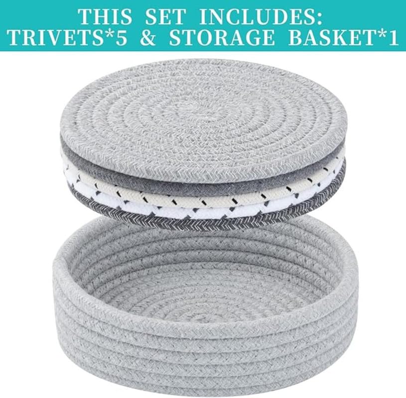 Image of Mansa for Hot Dishes, Pots and Pans, Hot Pads with Storage Basket, Pot Holders for Kitchen, Heat Resistant Mat Protect Counter Home Essentials, Farmhouse Decor (Pack of 5 with Cover) Multi Grey