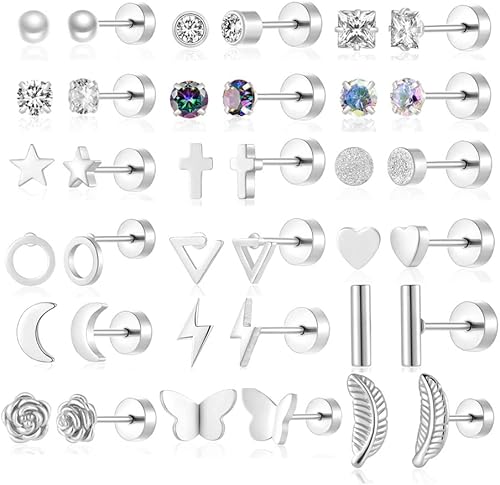 18 pares de aretes tipo dormilona para mujeres y hombres, de acero inoxidable quirúrgico 316L, hipoalergénicos, con parte trasera plana, aretes de