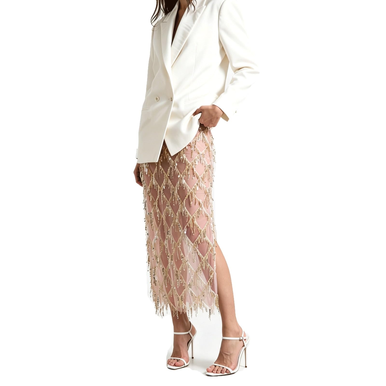 DUddTTW Bodycon Women's Maxi Skirts Sequined Slit High Waisted Long Skirt Sexy(Rose,Lagre)