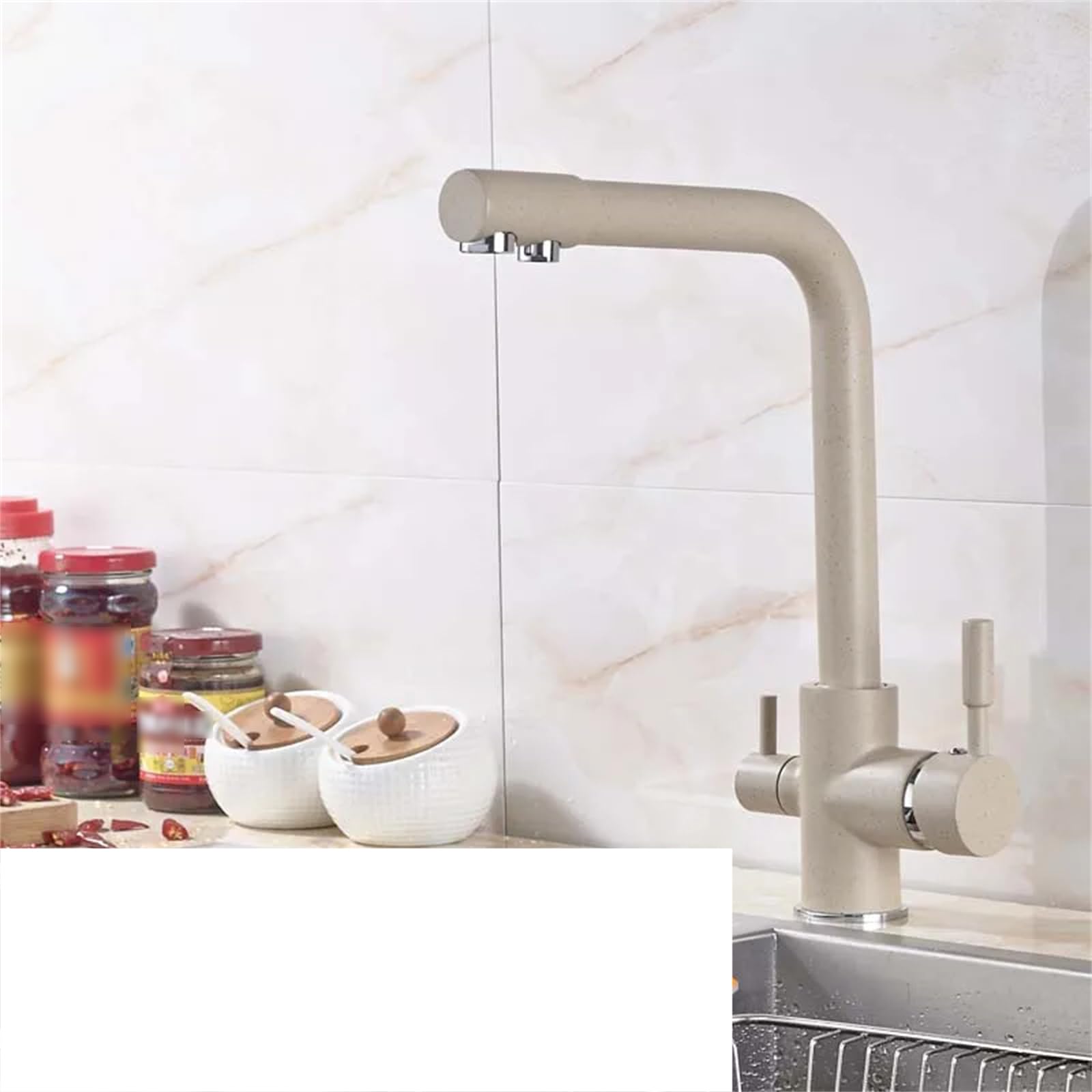 Kitchen Faucet,Chrome Plated Brass Kitchen Faucet with Purified Water, Faucet with Water Filter, Deck Mounted, Double Handles, hot and Cold faucets, Gold Faucet (Beige Dot Round A)