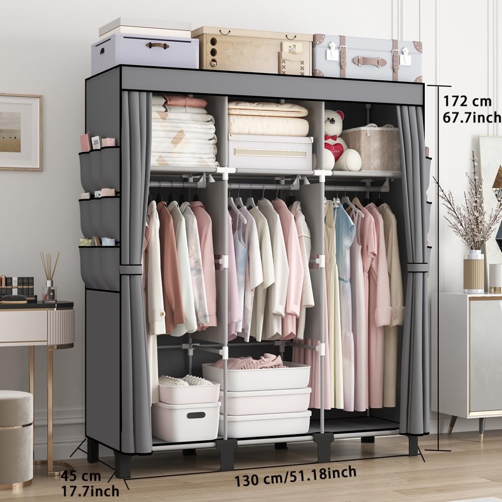 Tragbarer Schrankschrank mit 3 Hängebereichen und Seitentaschen, stabiler Kleideraufbewahrungs-Organizer mit Installationshammer, 51 W, schwarzer Schlafzimmerschrank (grau)