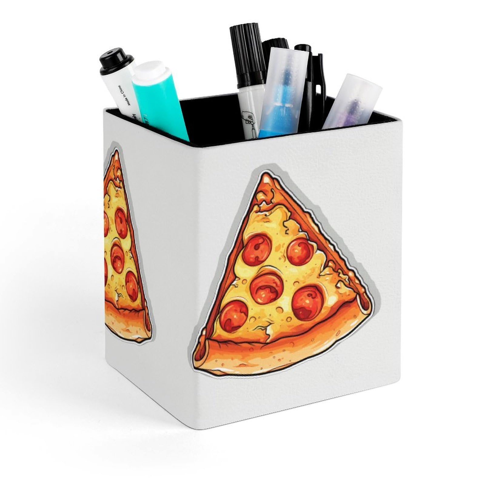 FekiLoot Cartoon Pizza Pencil Holder Square Leather Pen Holder Cup Modern Multi-Functional Pencil Cup Holder Decorative Desk Organizer Caddy Makeup Brush Holders for Desk Office