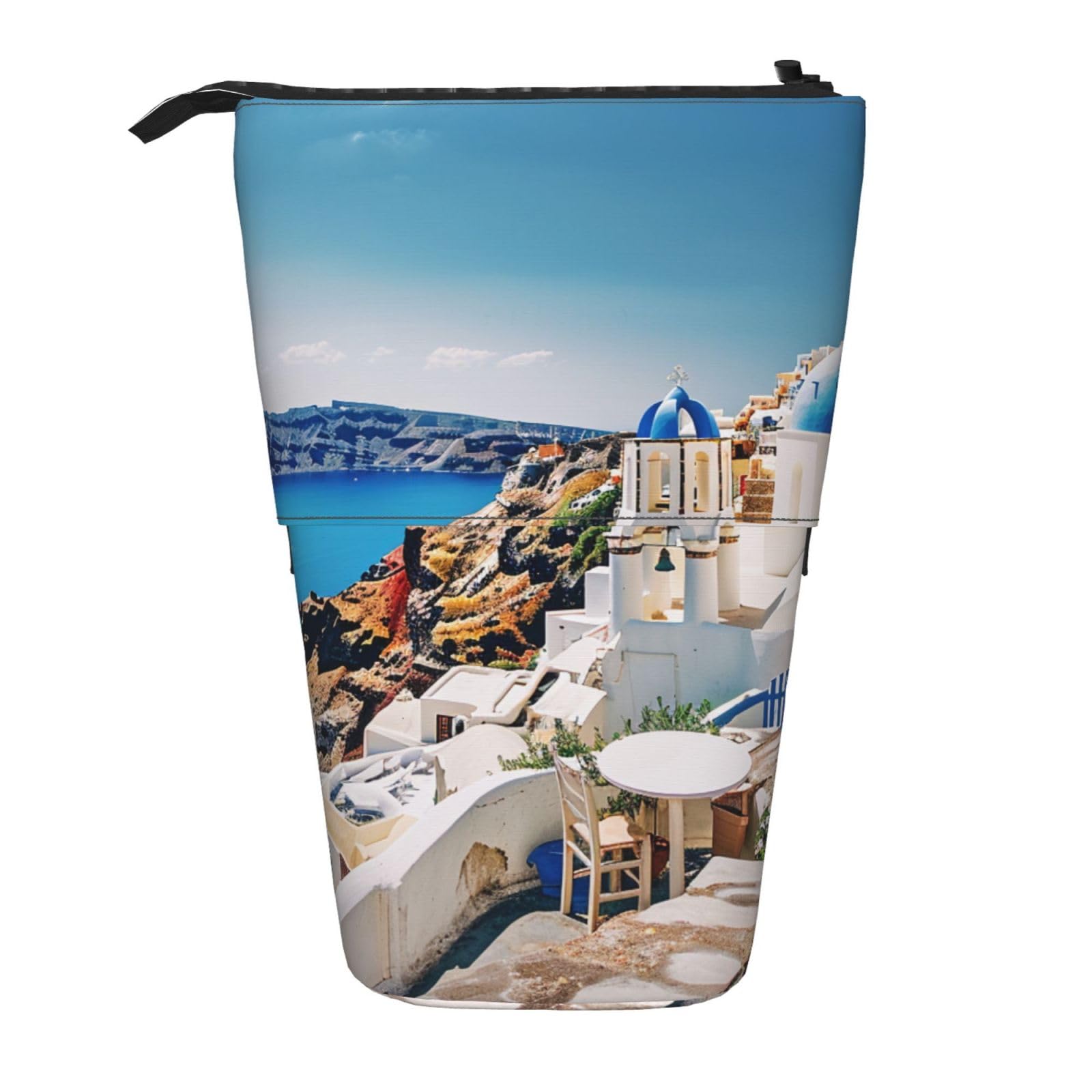 JKSEEPYN Telescopic Pencil Case Pen Bag, Santorini Greek Island sea View Prints Cute Pencil Organizer, Portable Pencil Bag for School Office Travel