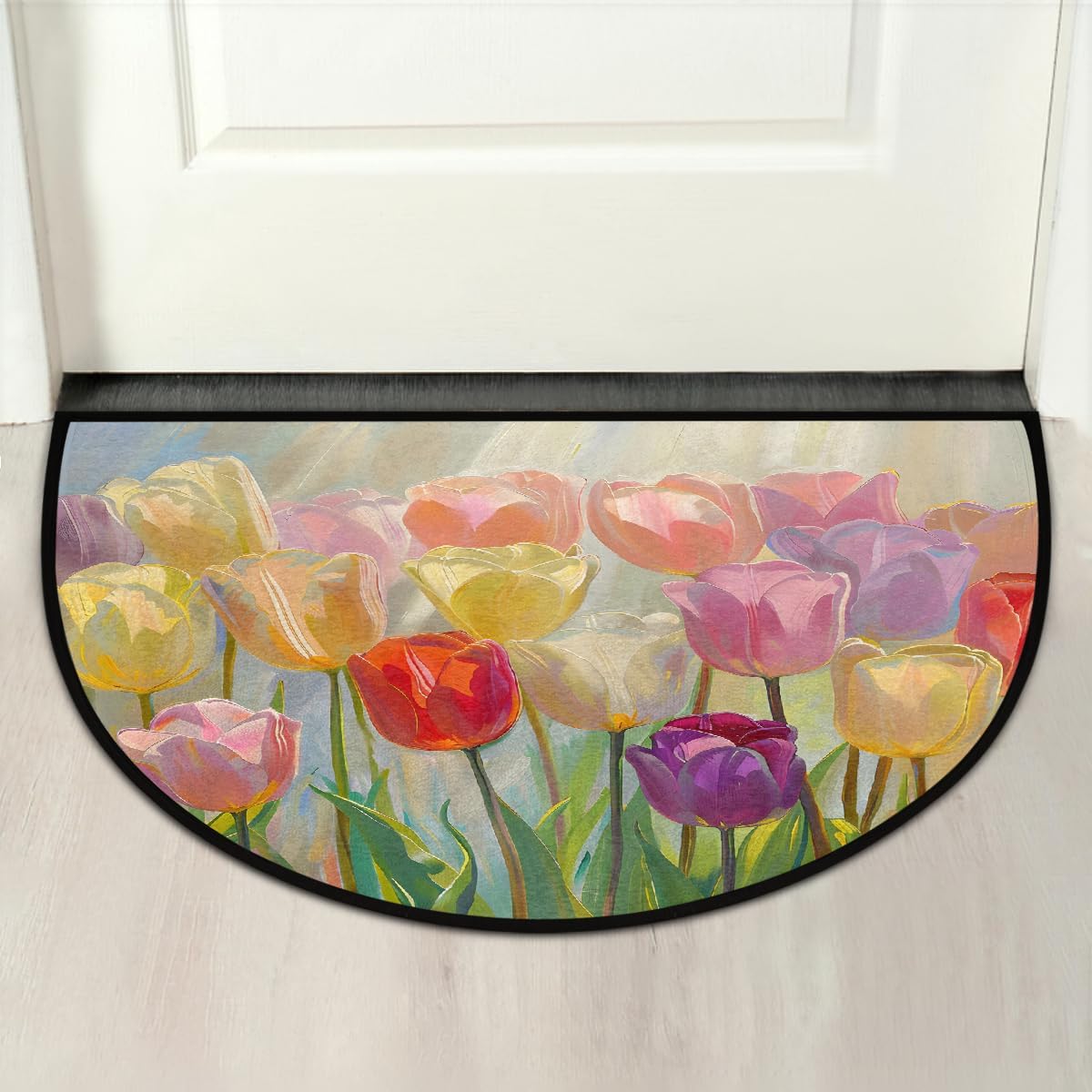 Half Round Door Mat Tulip Abstract Sunshine Half Moon Rug Washable Half Circle Area Rugs Indoor Entrance Non Slip Semi Circle Bathroom Rugs Floor Carpet for Kithen Bedroom Fireplace Decor