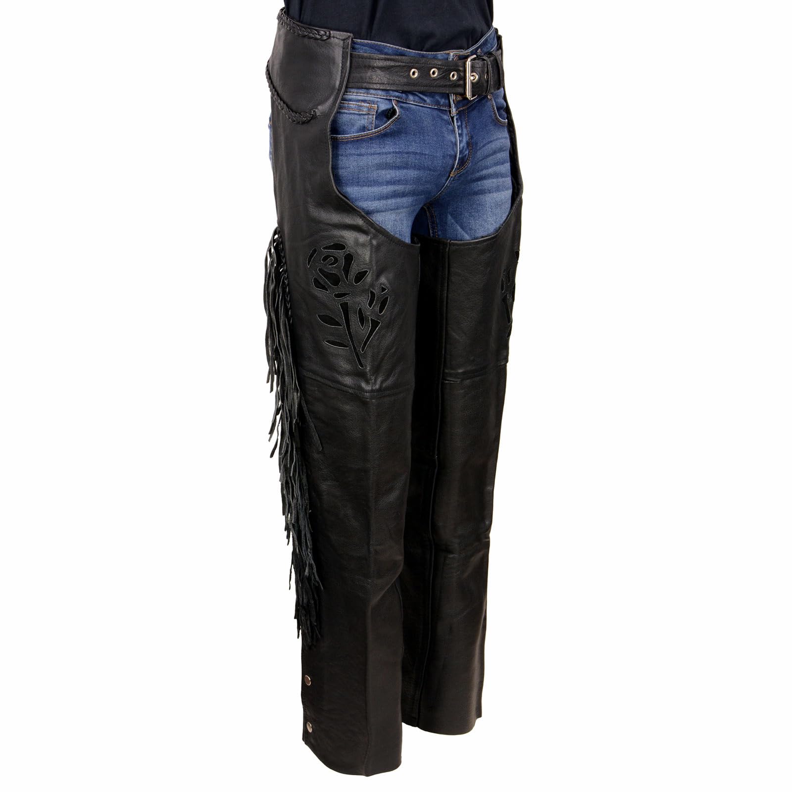 Milwaukee Leather SH1116 Women's Classic Braided & Fringed Black Leather Motorcycle Chaps w/Black Rose Embroidery - 2X-Small