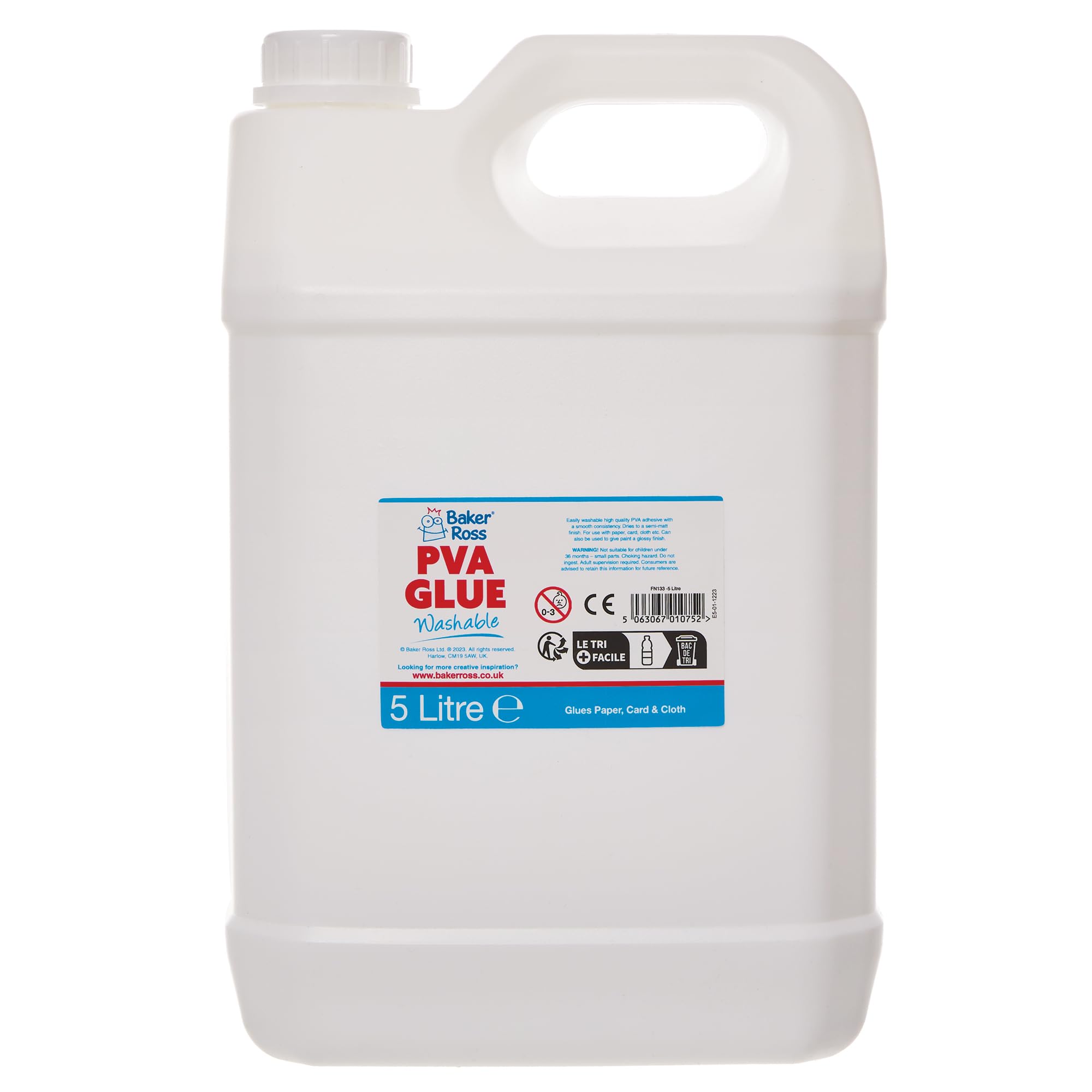 Baker Ross FN133 Washable PVA Glue - 5 Litre Pack of 1, PVA for Schools, Teaching Supplies, Multipurpose Glue for Wood, Paper Card