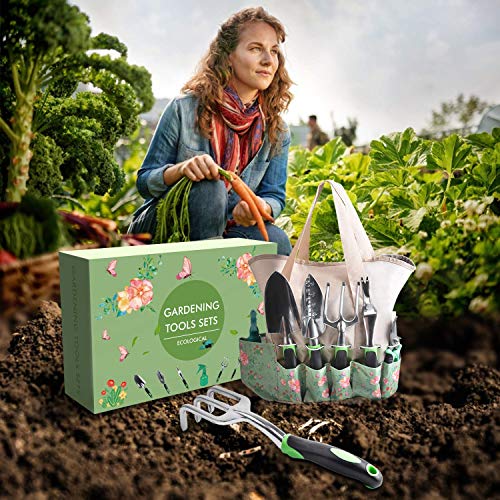 kuman Garden Tool Set 50 Pcs Heavy Duty Gardening Kit with Soft Rubberized Non-Slip Handle, Garden Storage Tote Bag Gardening Supplies Gifts for Men Women