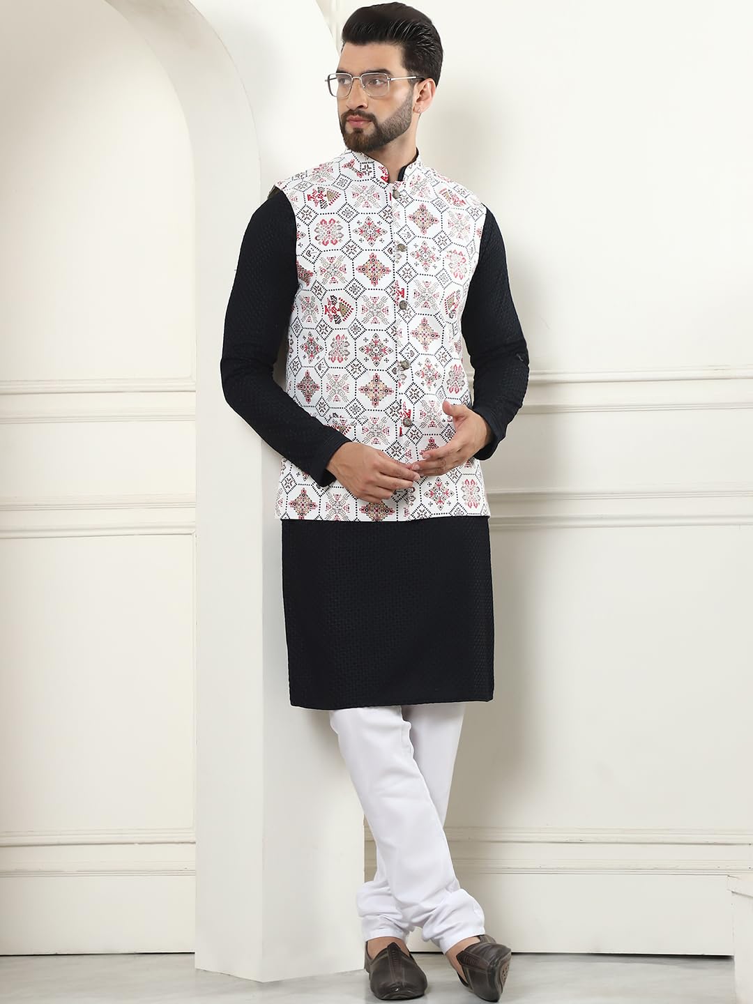 Sojanya (Since 1958 Men's Pure Cotton Black Kurta And White Pyjama With Embroidered Cream Nehru Jacket