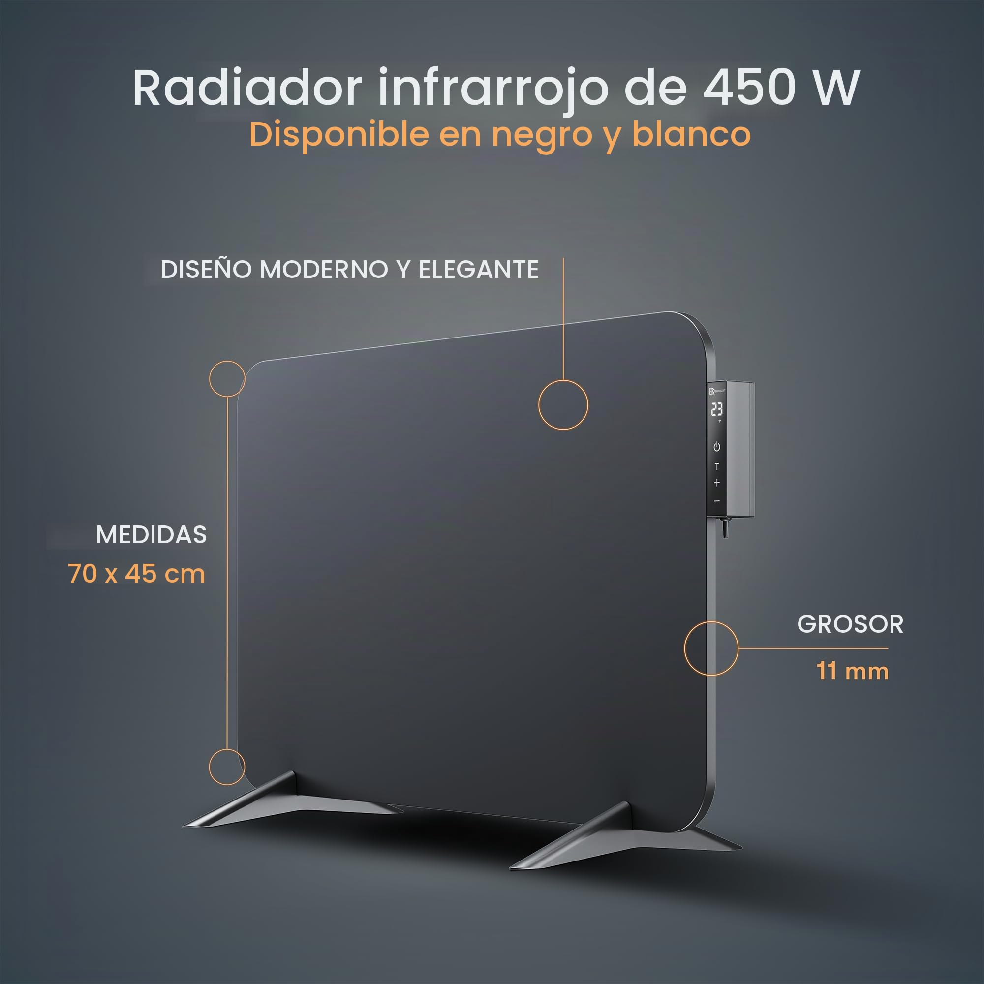 BR Bringer calefactor eléctrico por infrarrojos 450 vatios con termostato inteligente y mando a distancia, WIFI y app - para montaje en pared o uso móvil, ahorro de energía (negro)