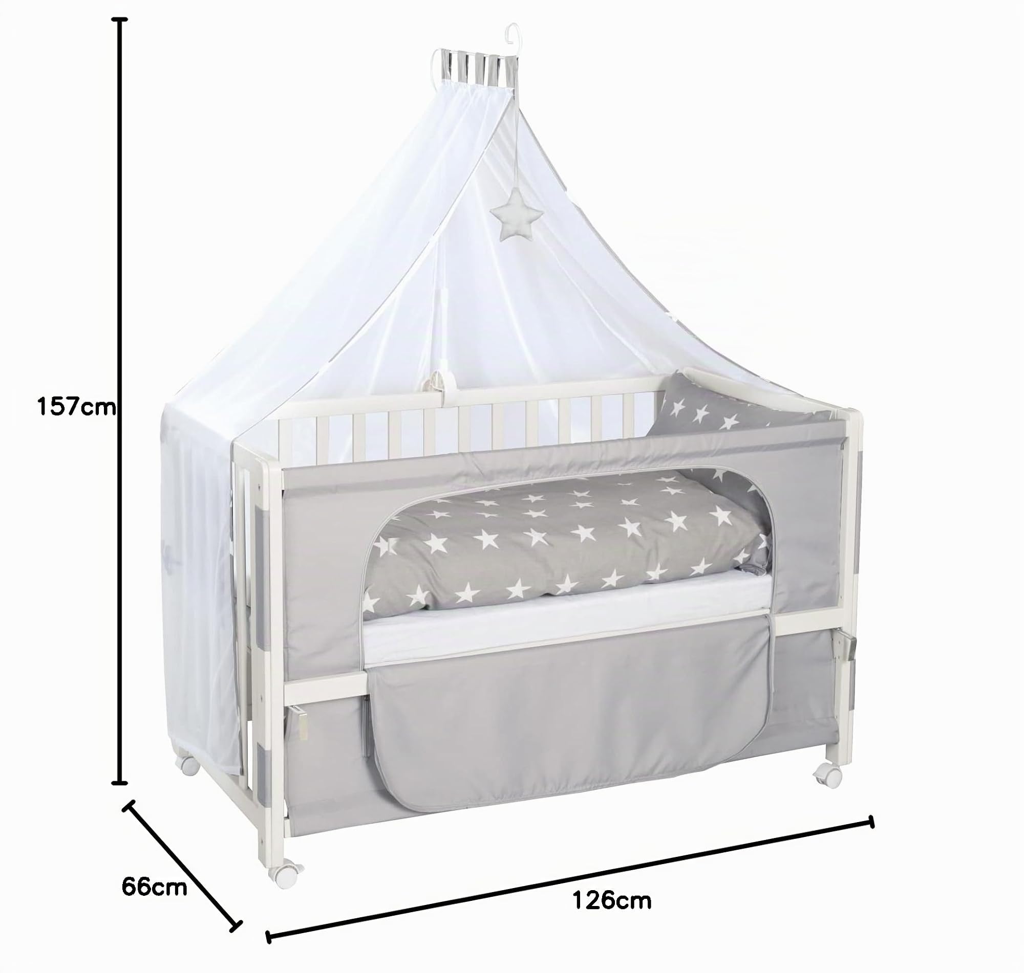 roba Lettino per Neonati Co-Sleeping Little Stars, 60 x 120 cm, Biancheria per Lettino Inclusa, Motivo con Stelline, Altezza Regolabile, Legno Laccato Bianco e Grigio
