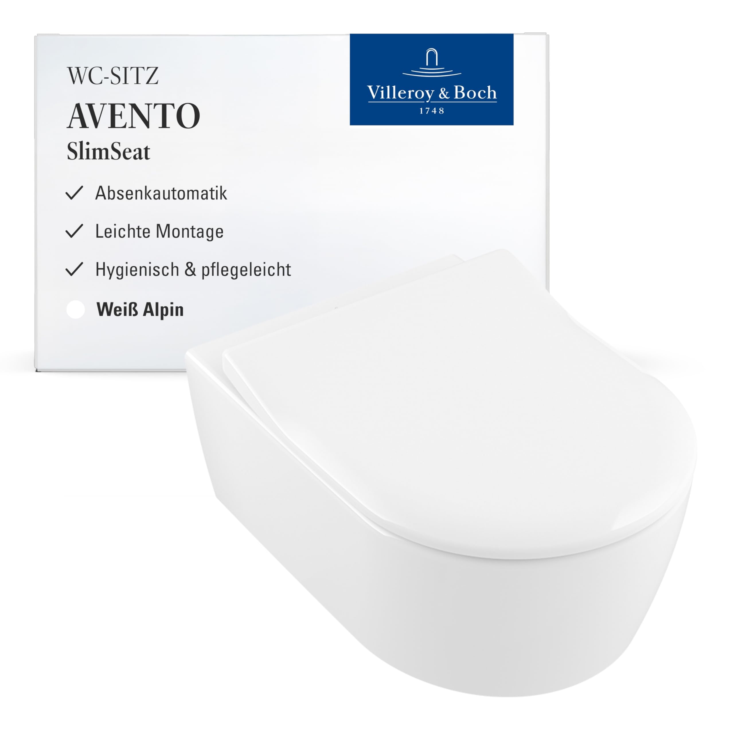 Villeroy & Boch Avento SlimSeat WC-Sitz - Toilettendeckel mit Absenkautomatik - Abnehmbarer, bruchsicherer Toilettensitz aus Duroplast - Ersatzteil - Klodeckel in D-Form - Weiß Alpin, glänzend