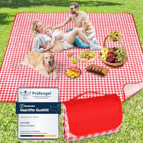 Anyiner Picknickdecke 200x200 cm, Sandfest Stranddecke Wasserdicht Campingdecke, Waschbar Leichtgewicht mit Tragegriff, Ideal für Outdoor, Camping, Strand & Familienpicknick (Rot K