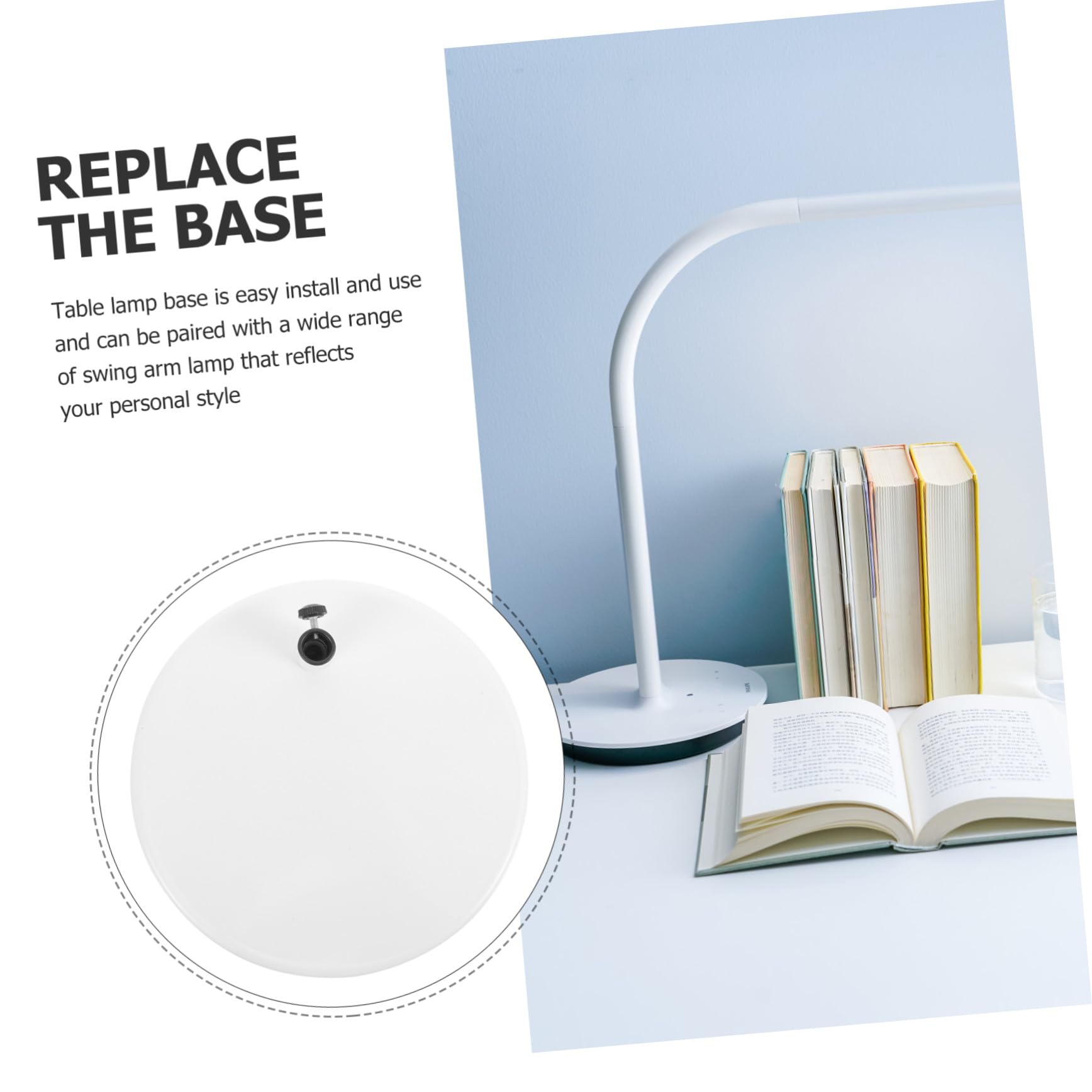 NUOBESTY Base per Lampada da Tavolo Rotonda in Ferro Braccio Snodabile, Supporto per Lampada da Scrivania Stabile e Passaggio Cavi, per Ufficio, Studio e Camera da Letto