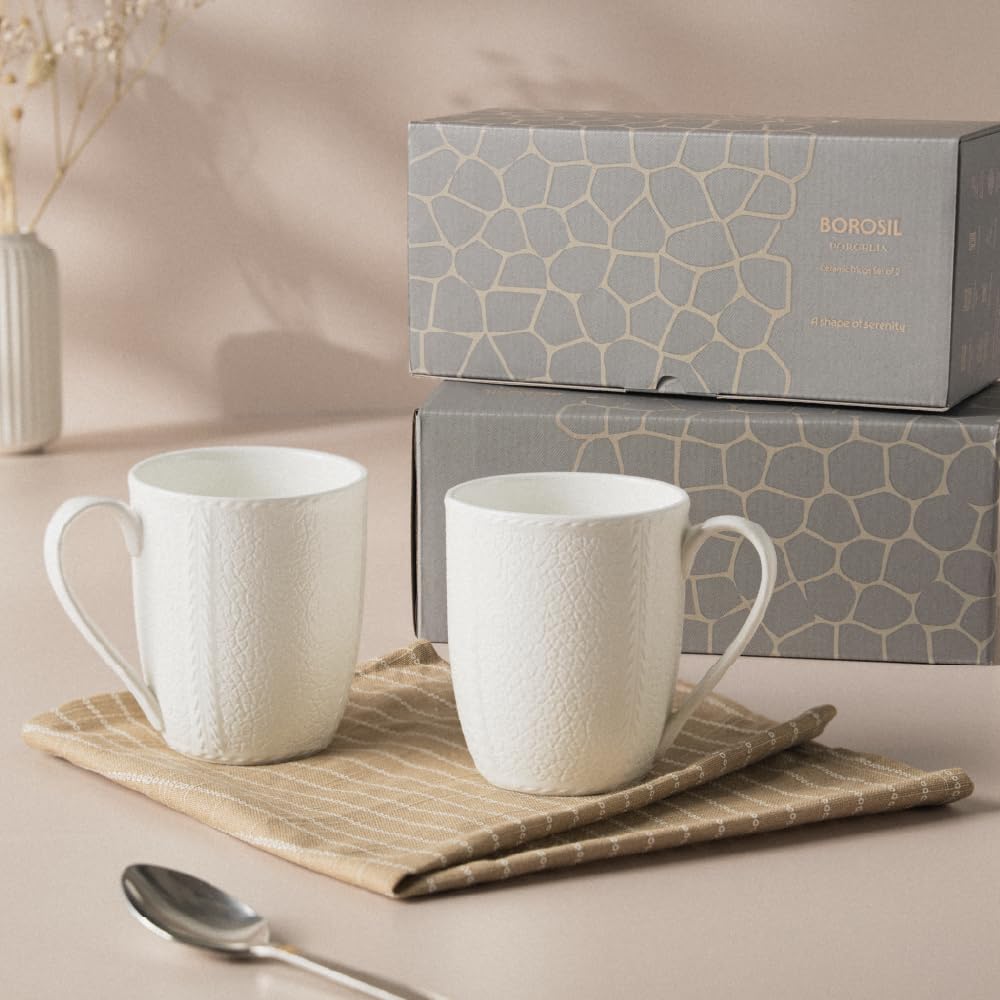 Borosil Porcelia 350 ml x 2pc Elva Ivory Tea/Coffee Mug Set | Porcelian Everyday Use Cups | Elegent Embossed Designs | Microwave & Dishwasher Safe Crockery for Gifting & Dining-image-2