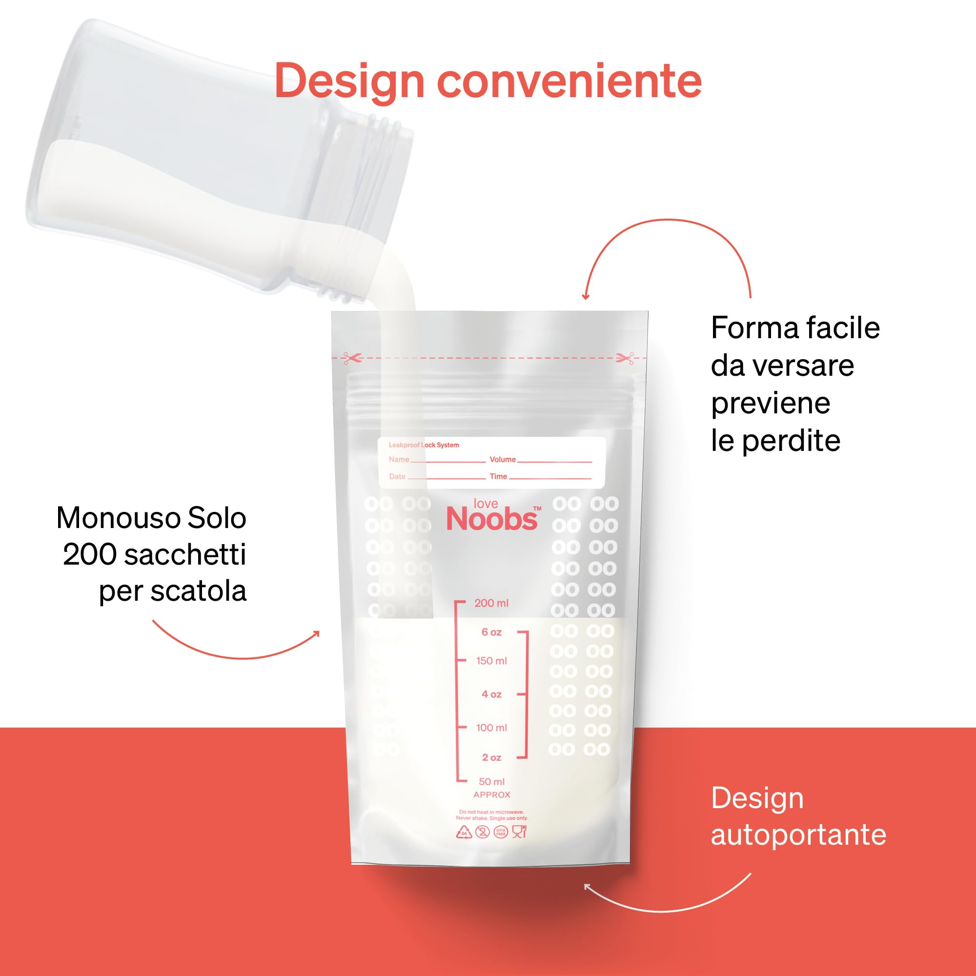 Sacchetti Latte Materno di Love Noobs, Buste Latte Materno Congelare, 200 conte - Sacchetti da 200 ml, Facile da usare, Presterilizzati