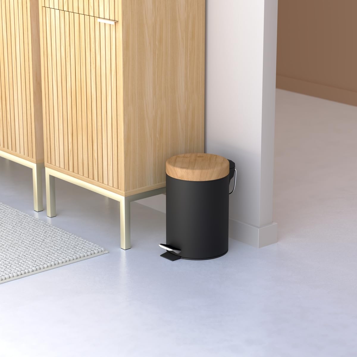 5five - Papelera con Pedal Naturéo Black de 3 l - Metal, Tapa de bambú, Cubo extraíble - para baño, Inodoro y Oficina