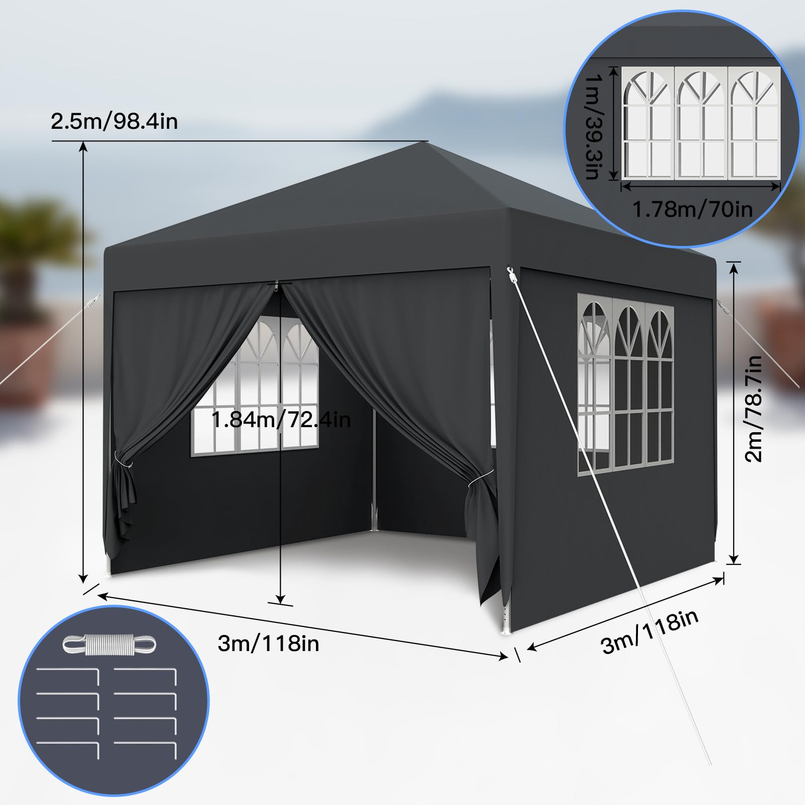 Kuro sagol Tonnelle de Jardin 3x3M,Tente Réception,Tente de Campingavec Fenêtres、Parois Latérales，Imperméable,Anti UV，Résistant au Vent Auvent,Barnum pour Camping Festival Plage,Anthracite