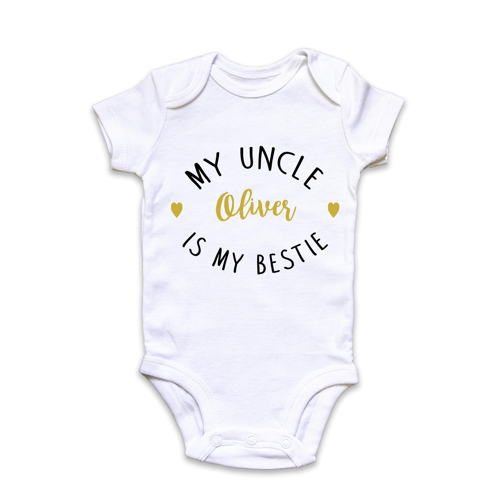 Fuzzy Cactus Personalised My Uncle is My Bestie Baby Grow Vest - Gold Text - New Baby - Brother Baby Announcement (White, Newborn)