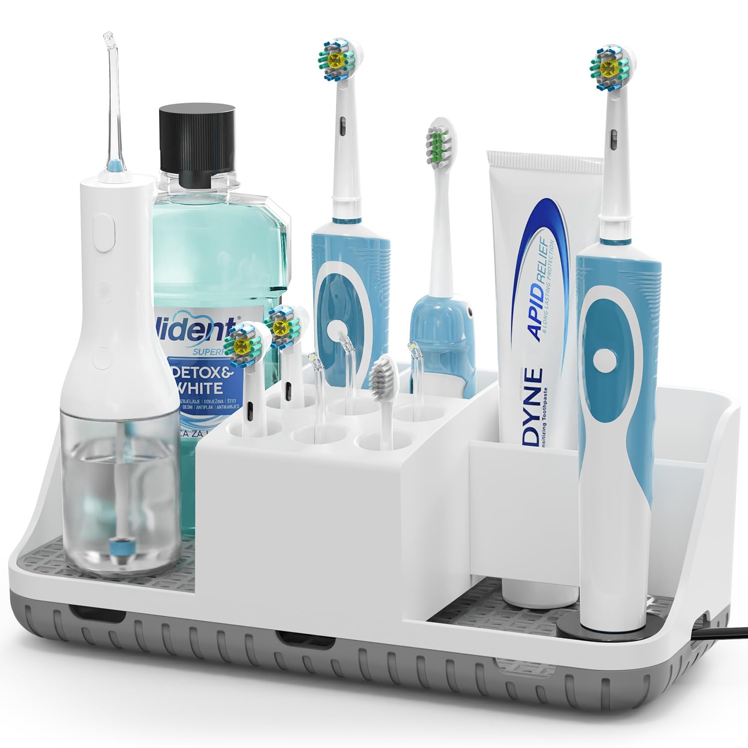 toprance Large Capacity Toothbrush Holder Cord-friendly Tooth Brush Holder with Drainage, 11 Slots Detachable Bathroom Storage for Electric Toothbrushes, Brush Heads, Toothpaste, Water Flosser