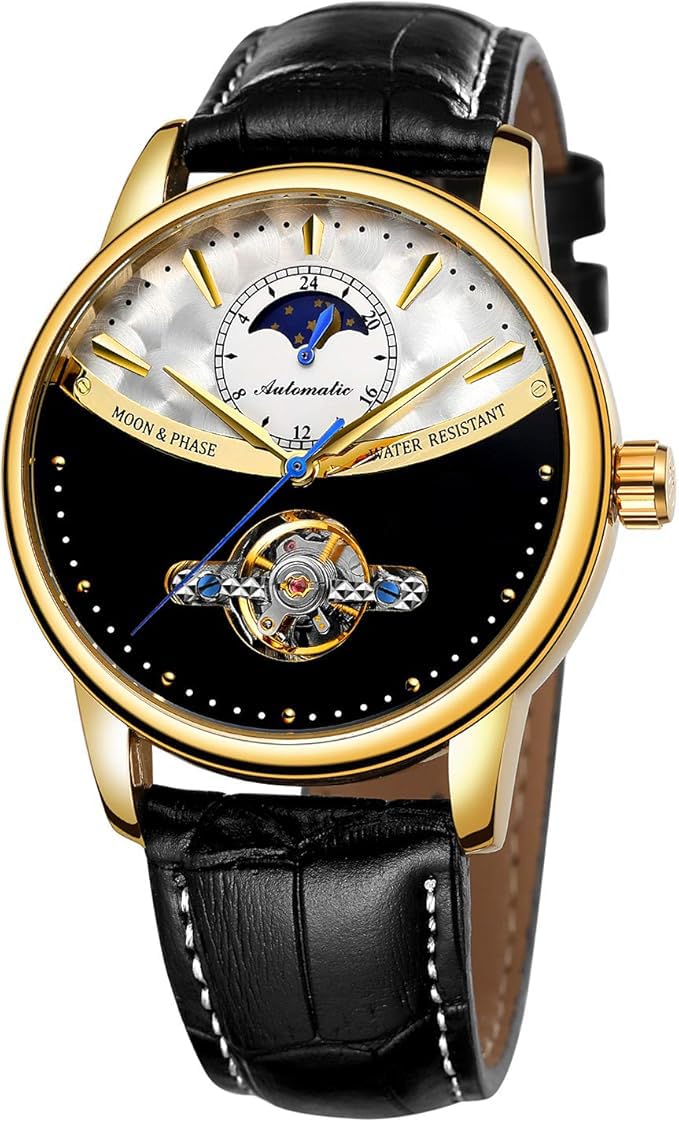 Genuine Leather Self-Winding Mechanical Wrist Watch Men Stainless Steel Skeleton Automatic Watches for Men Flywheel Calendar Watch