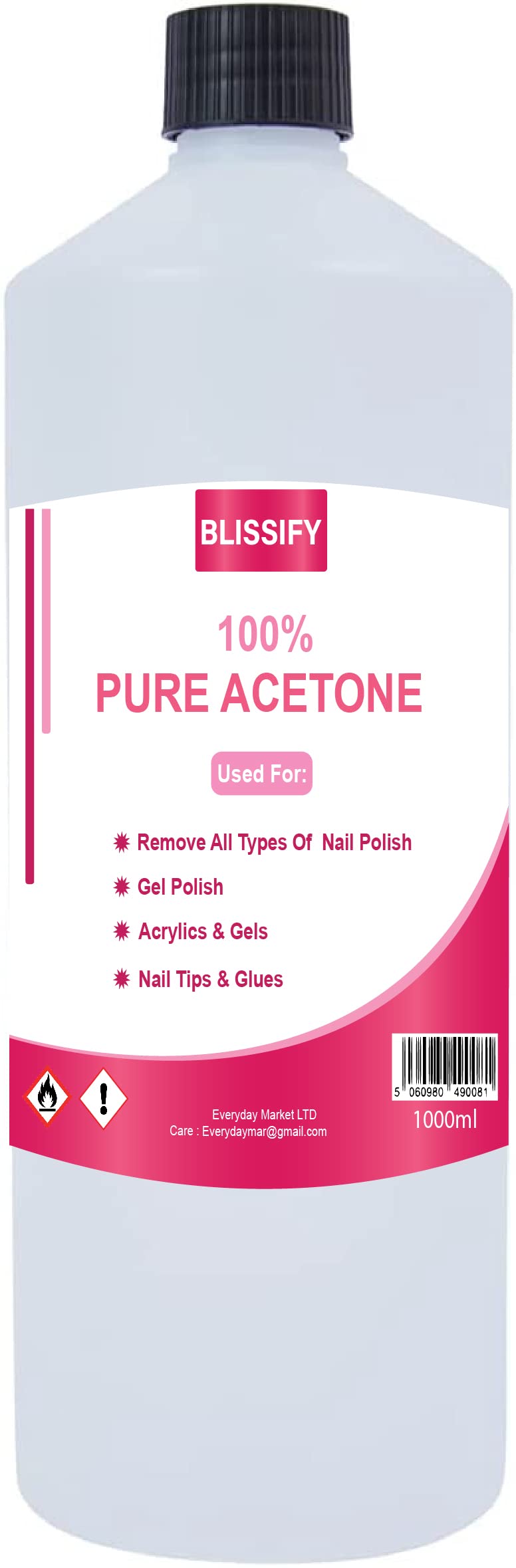 Blissify 99.5% Pure Acetone Lab Grade Acetone for Cleaning Electronics - Beauty Nail Solution - Versatile Solvent for Removing Paint & Varnish (1L, Pack of 1)