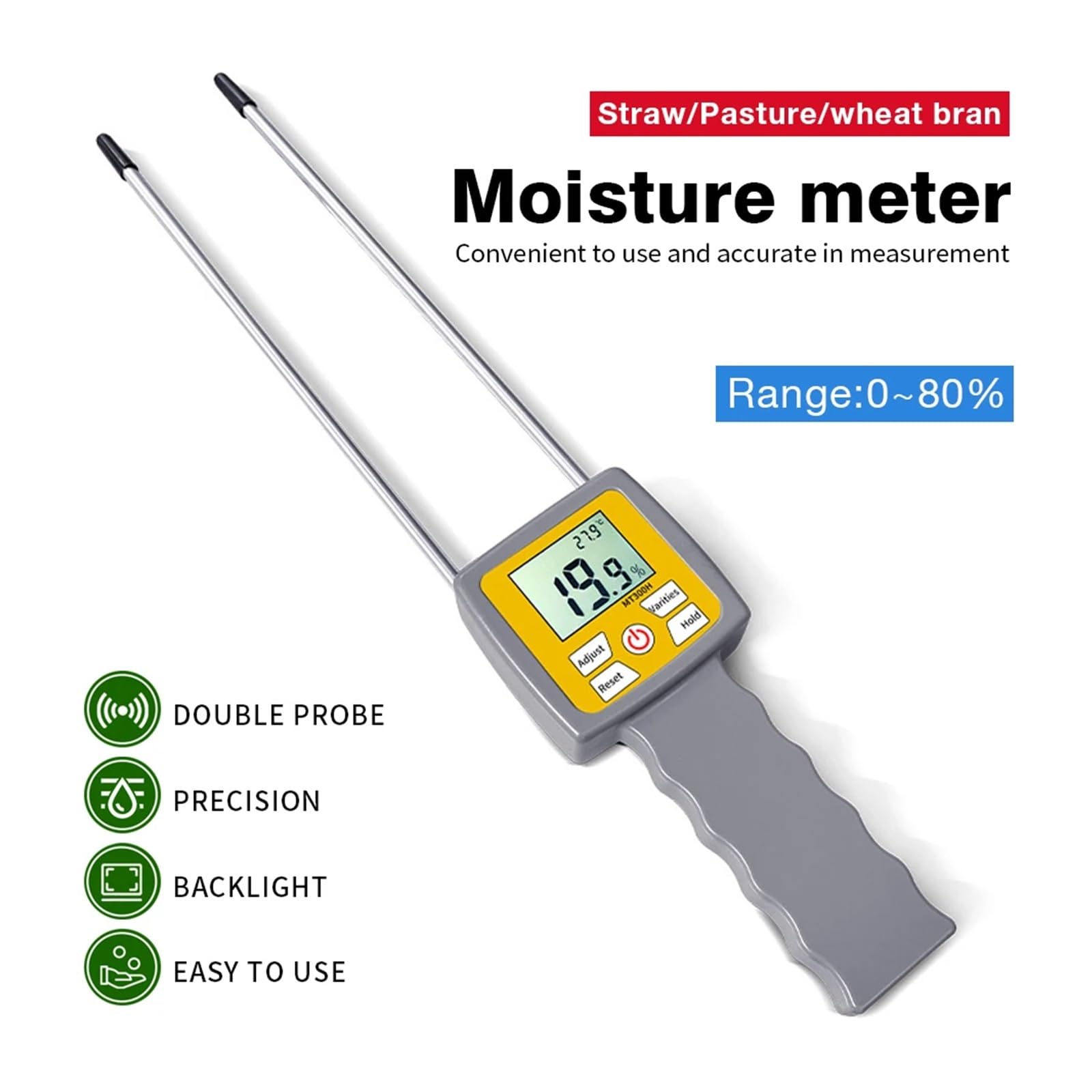 Misuratore di umidità per fieno, display digitale LCD, tester di umidità per paglia, pascolo e grano, rilevatore di umidità, ideale per uso agricolo e agricolo