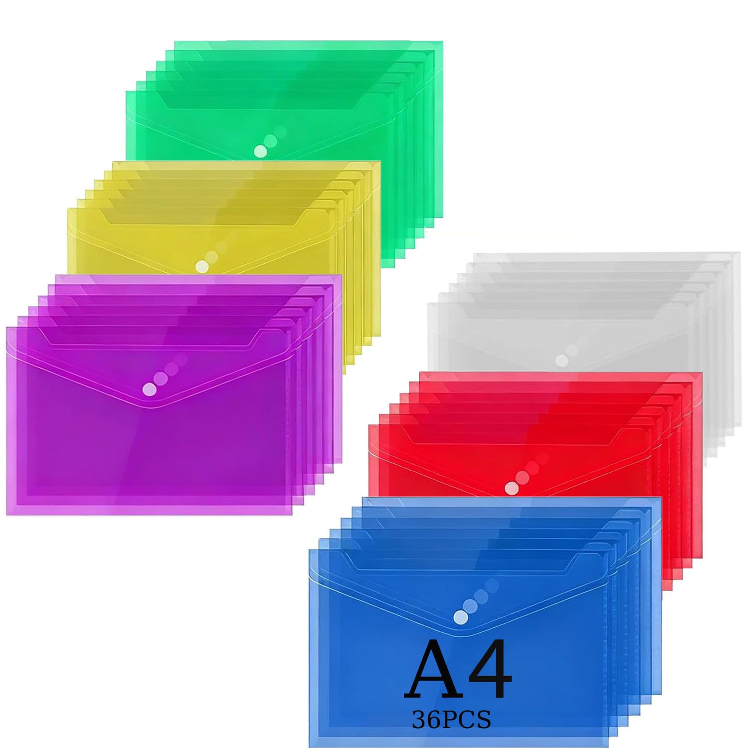 36 Piezas Carpeta Plastico A4, Carpeta Transparente Colorida, con Botón Carpeta para Documentos Plástico, Sobres Plastico para Archivador, Ideal para Oficina, Escuela y Hogar