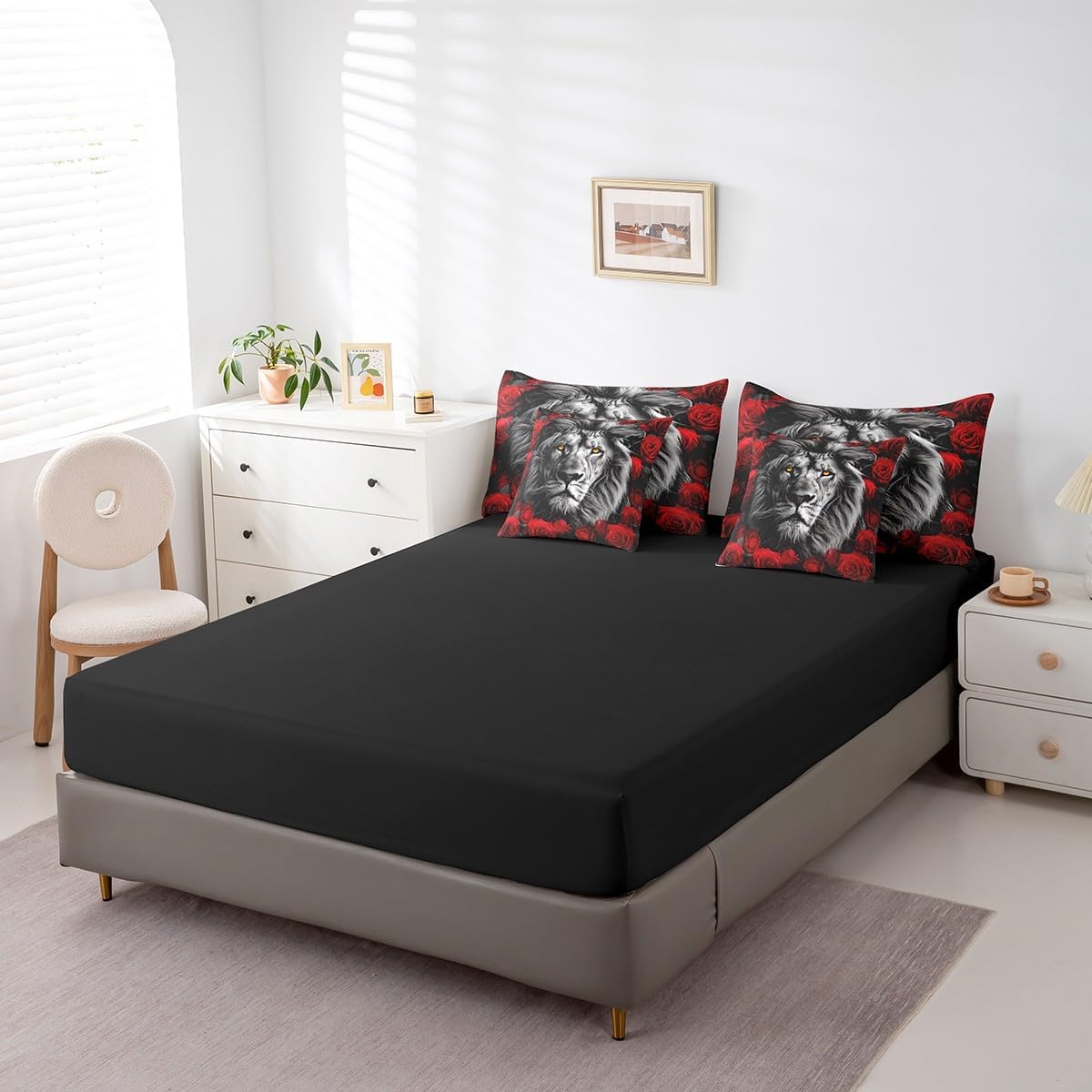 Lion Queen Comforter Set,7 Pieces Red Rose Flowers Comforters Queen Bed in a Bag for Bedroom,Wild Safari Theme Western Animals Bedding Comforter Sets with Comforter,Sheets,Shams & Pillowcases
