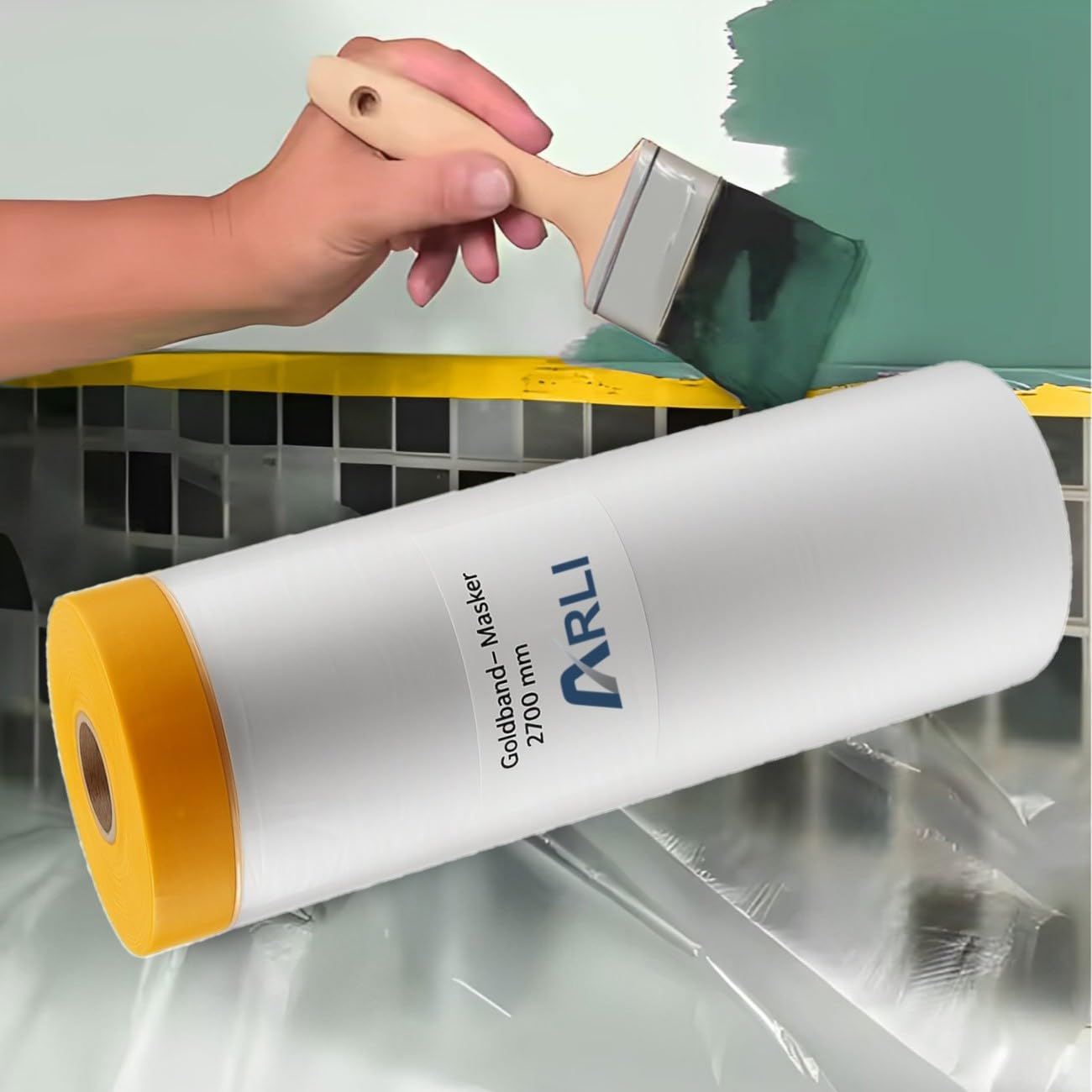 ARLI Goldband Masker 2700 mm x 16 m Abdeckfolie mit Klebeband Malerfolie Baufolie transparent HDPE Folie mit Washi Tape für Abdeckarbeiten im Innen- und Außenbereich (20 Stück/Rollen)