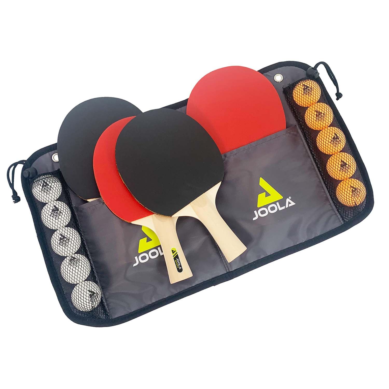 JOOLA Tischtennisplatte Inside J18 Tischtennistisch Indoor klappbares Untergestell & Tischtennis-Set Family, 4 Tischtennisschläger + 10 Tischtennisbälle + Tasche, ca. B 30 x H 8 x T 35 cm